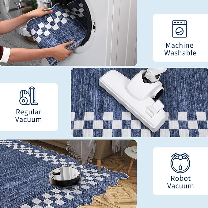 GarveeHome Area Rug 6x9 Large Living Room Modern Border Throw Rug with Rubber Backing Stain Resistant Dining Room Throw Carpet Washable Scalloped Rug for Bedroom Home Decor Office, Blue