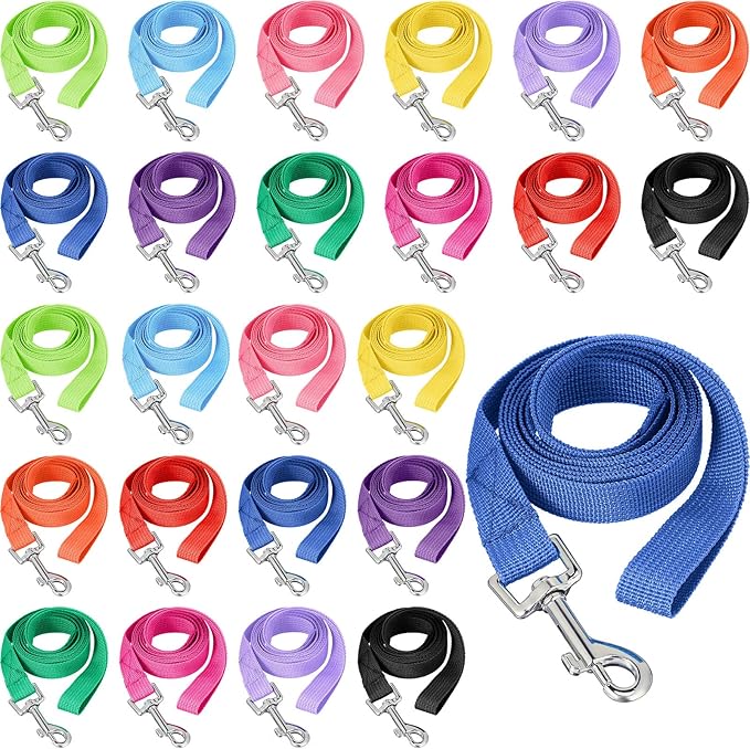 24 Pack Nylon Dog Training Leash Bulk 5 ft Dog Leash for Small and Medium Puppy Traction Rope for Training, Play, Camping, or Backyard, 12 Assorted Colors(Vibrant Colors)