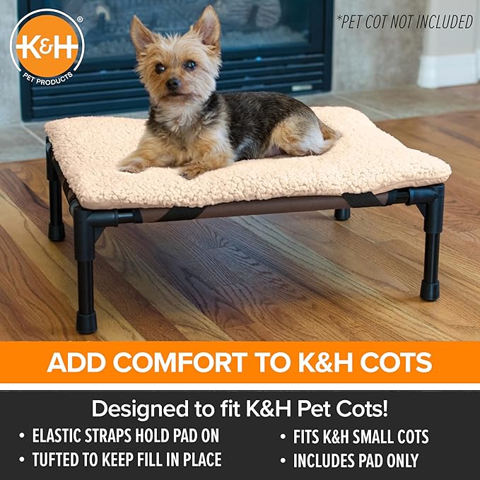 K&H Pet Products Dog Cot Pad (Cot Sold Separately), Pillow-Top Comfort Bed for K&H Small Elevated Dog Beds, Soft & Fluffy, Secure Fit Straps, Machine Washable, Portable - Small 22 X 17in Tan Fleece