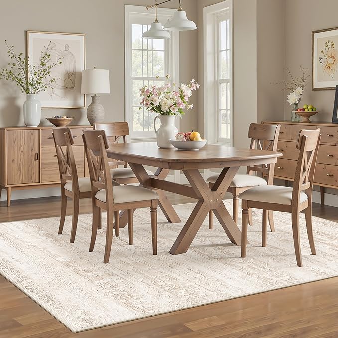 Area Rugs 5x7 for Living Room, Floral Washable Rugs for Dining Room, Bedroom, Kitchen, Vintage Non-Slip Thin Area Rug Beige Ivory
