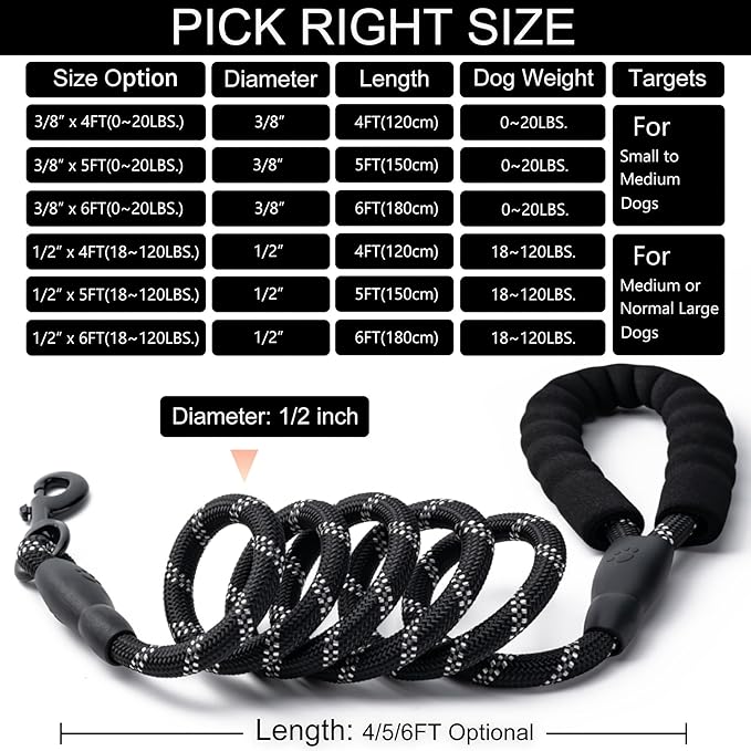 2 Pack Dog Leash, 4/5//6 FT Heavy Duty Nylon Rope Pet Leashes with Comfortable Padded Handle, Reflective Dog Leashes for Small Medium and Large Dogs (6FT-1/2,Black/Purple)