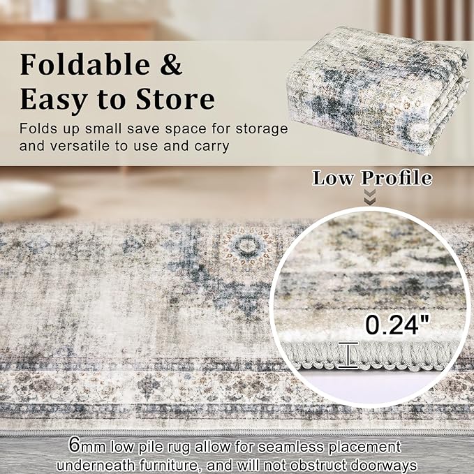 GarveeHome 4x6 Area Rug - Machine Washable, Soft, Non-Slip, Vintage, Indoor, Sage Green