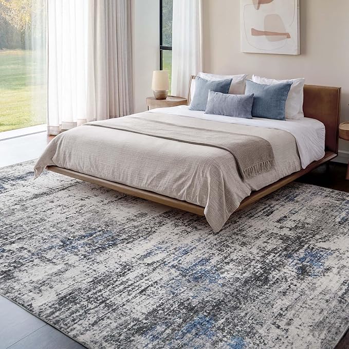 Area Rug Living Room Washable Rugs: 8x10 Modern Neutral Abstract Low Pile Non Slip Floor Carpet - Large Soft Thin Stain Resistant Rug for Bedroom Dining Indoor Office Home, Blue Grey