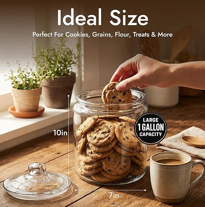 1 Gallon Glass Cookie Jar with Lid – Glass Jar with Lid - Airtight Food Storage Container for Cookies, Candy, Flour, Dog Treats – Clear Large Kitchen Jar for Pantry or Laundry Room