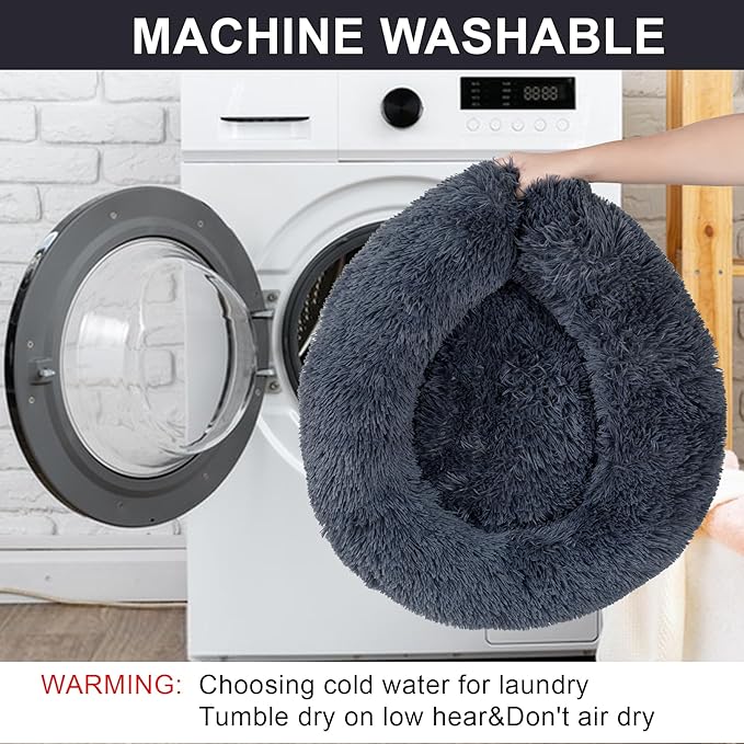 Dog Calming Beds for Small Medium Large Dogs - Round Donut Washable Puppy Dog Bed, Anti-Slip Faux Fur Fluffy Donut Cuddle Anxiety Cat Pet Bed(28" Dark Grey)