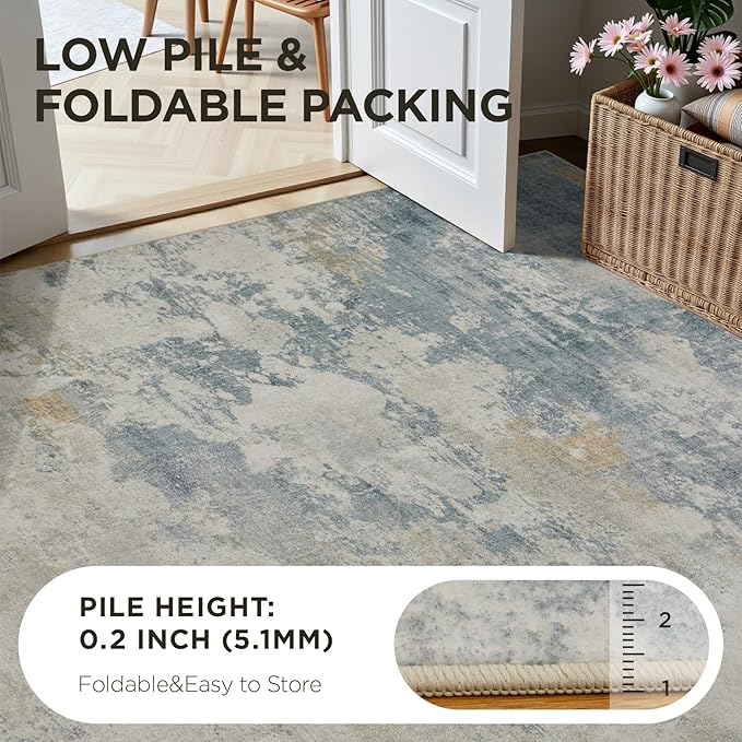 Joydeco 5x7 Area Rugs for Living Room, Non-Slip Modern Abstract Soft Washable Rug, Low Pile Carpet for Bedroom, Dining Room, Home Office, Pet & Child Friendly, White & Blue & Gold
