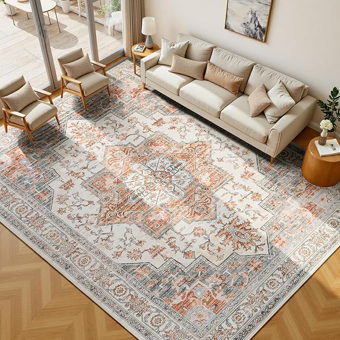 Lessymo 9×12 Area Rugs Washable for Living Room, Large Soft Indoor Rug Non-Slip for Bedroom Kitchen Dining Room Dorm Nursery, Vintage Boho Carpet Stain Resistant for Office Home Decor, Orange/White