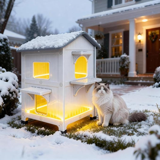 Weatherproof Heated Outdoor Cat House for Feral Cat, 2 Storey Elevated Plastic Insulated Cat Shelter with Escape Door, Expansive Interior‌ Grey 34" D x 21" W x 21.5" H
