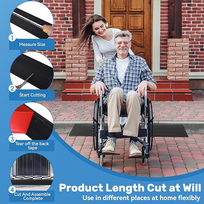 Threshold Ramps for Doorways 40'' L Floor Transition Strip Self-Adhesive 4/5" Rise Ramps for Wheelchairs for Home, Rubber Door-Threshold for Home Steps(Black)