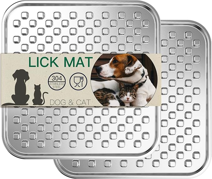 Dual Wall Stainless Steel Large Lick Mat for Dogs & Cats, Chew-Proof Slow Feeder, Anxiety Reducer, Whisker-Friendly for Cats, Non-Slip Heavy Duty Base, Raw Feeding Pad, Dishwasher Safe [Large-2Pack]