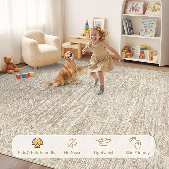 Washable Rug 5x7 Area Rugs: Modern Geometric Rugs for Living Room Non Slip Soft Low Pile Moroccan Indoor Carpet for Bedroom Nursery Dining Room Home Office (Beige, 5'x7')