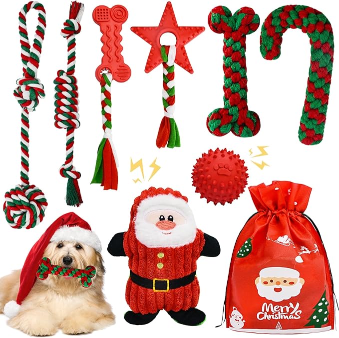 Christmas Dog Toys, 9 Pack Dog Rope Toy, Puppy Chew Toy for Teething with Gift Bag, Plush Squeaky Toy, Christmas Stocking Stuffers for Small Medium Dogs