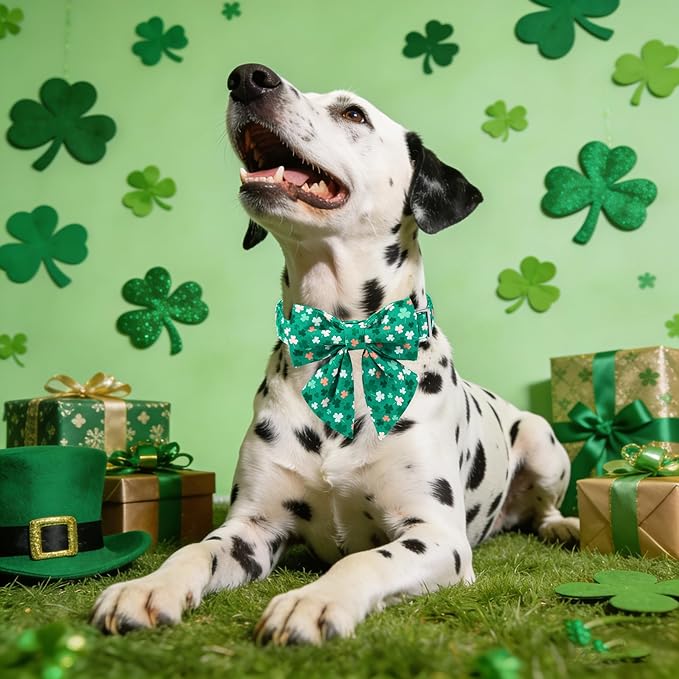 Maca Bates St. Patrick's Day Shamrock Dog Collar with Sailor Bow Tie,Small Girl Boy Dogs, Green Pink White Clover Pattern,Adjustable Durable Soft Collars Irish Gift for Male Female Puppy