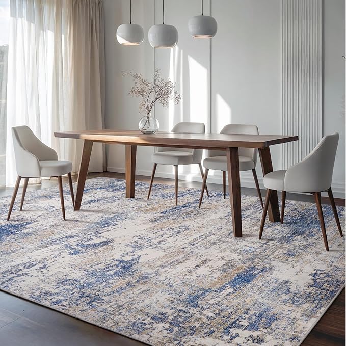 Area Rug Living Room Washable Rugs: 8x10 Modern Neutral Abstract Low Pile Non Slip Floor Carpet - Large Soft Thin Stain Resistant Rug for Bedroom Dining Indoor Office Home, Blue Brown