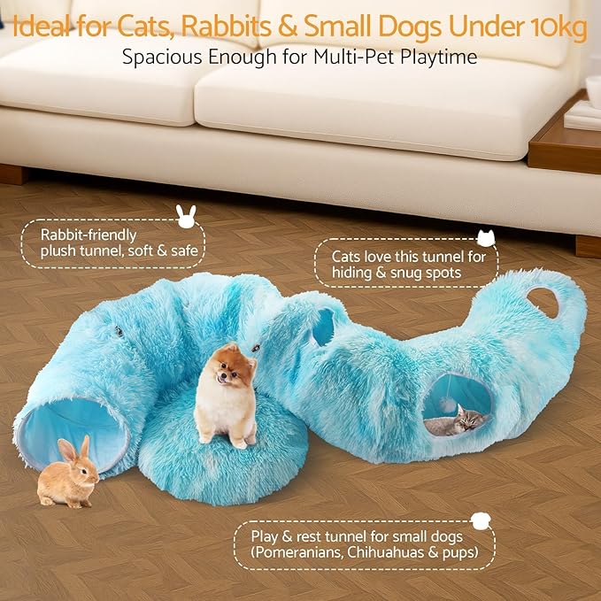 Cat Tunnel Bed, 3-in-1 Collapsible Cat Tube with Removable Washable Cushion, Multi-Shape (U/S/Half-Round) Playhouse with Peekaboo Holes, Hanging Balls & Cat Ears for Cats, Small Dogs, Rabbits