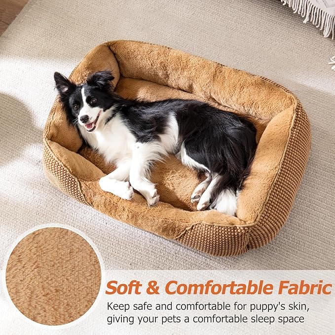 MIXJOY Dog Beds for Small Dogs Cats, Small Dog Bed Washable, Calming Dog Bed Small Size Dog, Soft Cat Beds for Indoor Cats, Orthopedic Rectangle Pet Puppy Sofa Bed with Anti-Slip Bottom(20x19in,Brown)