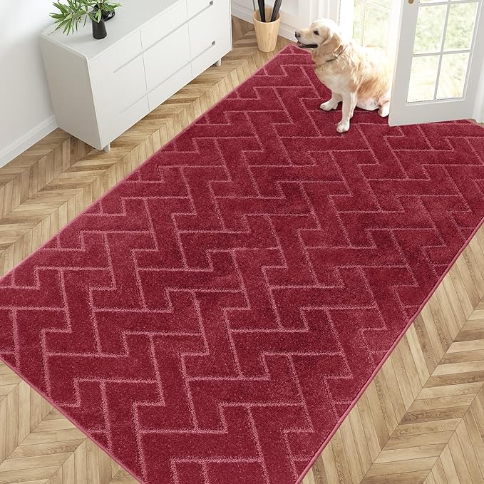 PURRUGS Easy Care Area Rug 4.5ft x 7ft, Non-Slip Machine Washable Entry Rug, Dog Door Mat, Stain Resistant Accent Rug for Hallway, Bedroom, Living Room and Mudroom, Cherry Red