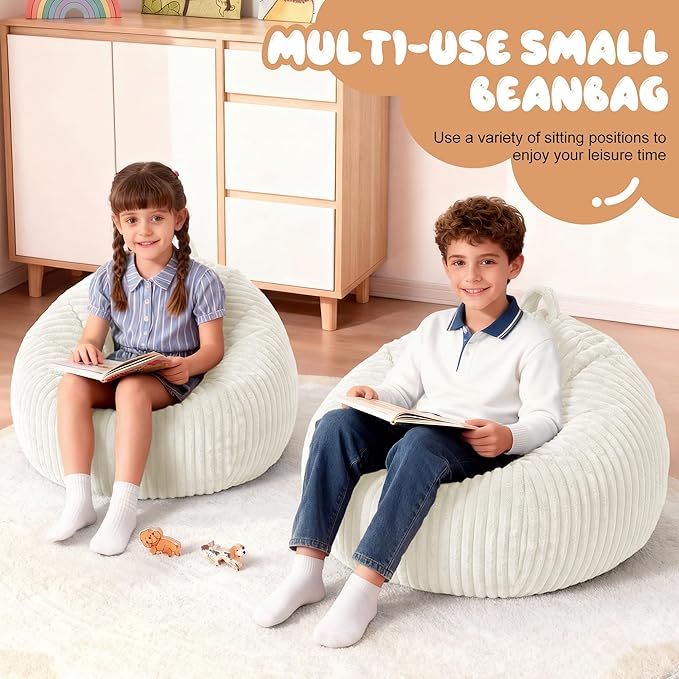 Homguava 2Pcs of 2FT Bean Bag Chair, 2' Small Bean Bags with Memory Foam Filled, Beanbag Chairs with Machine Washable Cover Dutch Corded Plush Cover for Classroom,Living Room,Bedroom-White