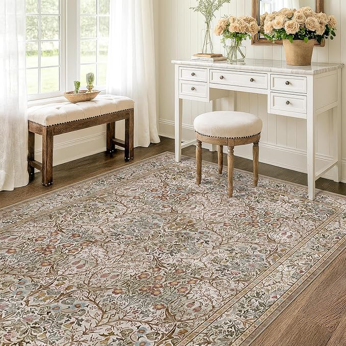 Vintage 4x6 Entryway Rug, Washable Area Rugs for Mudroom, Bedside Rugs Bedroom, Large Kitchen,Living Room, Office, Dorm, Non-Slip Low Pile Soft Stain Resistant Carpet Floral Moss Green Taupe Decor