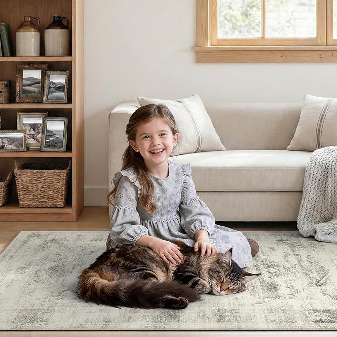 DCX 8x10 Vintage Rug, Machine Washable Stain Resistant Distressed Beige Rug, Kid & Pet Friendly with Rubber Back Non Slip Soft Low Pile Large Carpet for Living Room, Bedroom, Home Office