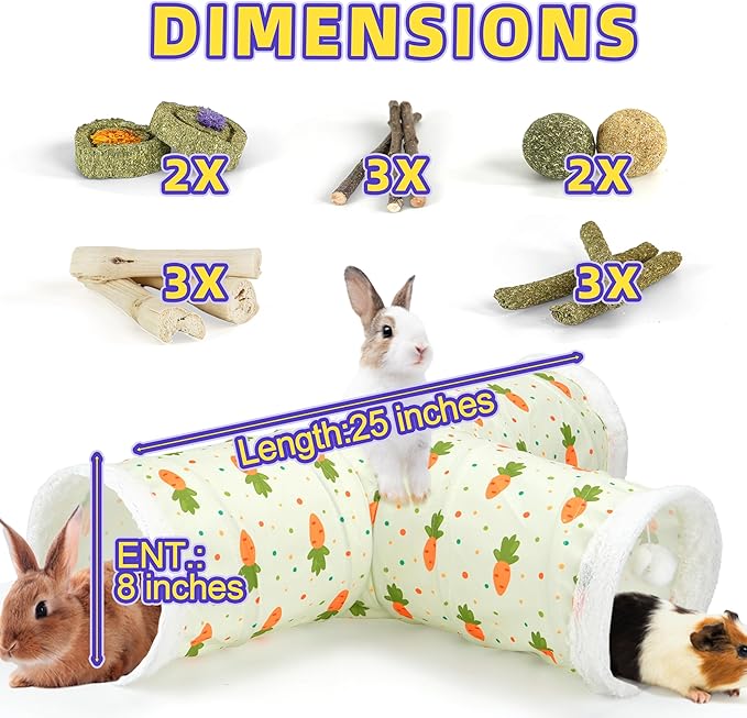 Bunny Tunnels & Tubes Collapsible 3 Way Rabbit Hideout with 13pcs Toys for Bunny Guinea Pig Hamster Chinchilla Hedgehog Rat Ferret Kitten (Fleece Carrot)
