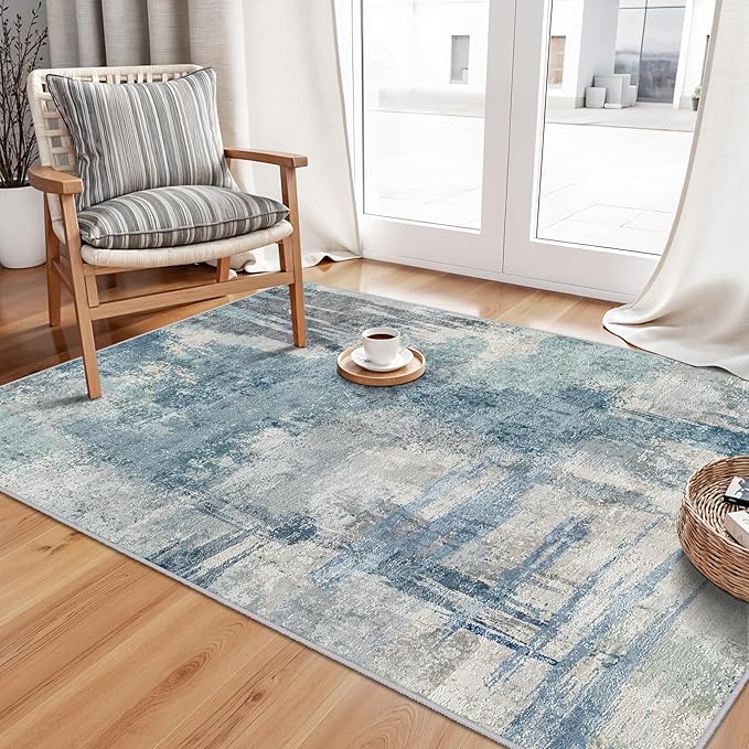 Abstract 3x5 Entryway Area Rugs: Machine Washable Anti-Slip Cozy Rug - Soft Low Pile Small Modern Carpet for Bedroom, Entryway, Kitchen - Indoor Floor Mat Home Decor 3x5 Blue