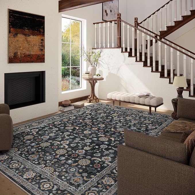 Washable Area Rugs for Living Room: 5x7 Bedroom Rug Vintage Boho Area Rug Stain Resistant Non Slip Low Pile Lightweight Soft Carpets for Living Room Dining Room Kitchen Nursery Kids Room Farmhouse