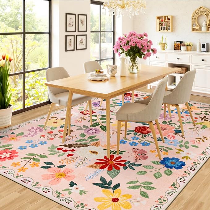 Area Rugs 9x12 Living Room: Floral Washable Rug Vintage Large Soft Boho Non-Slip Carpet Indoor Floor Stain Resistant Low Pile Carpets for Bedroom Dining Room Farmhouse Nursery Home Office Dark Beige