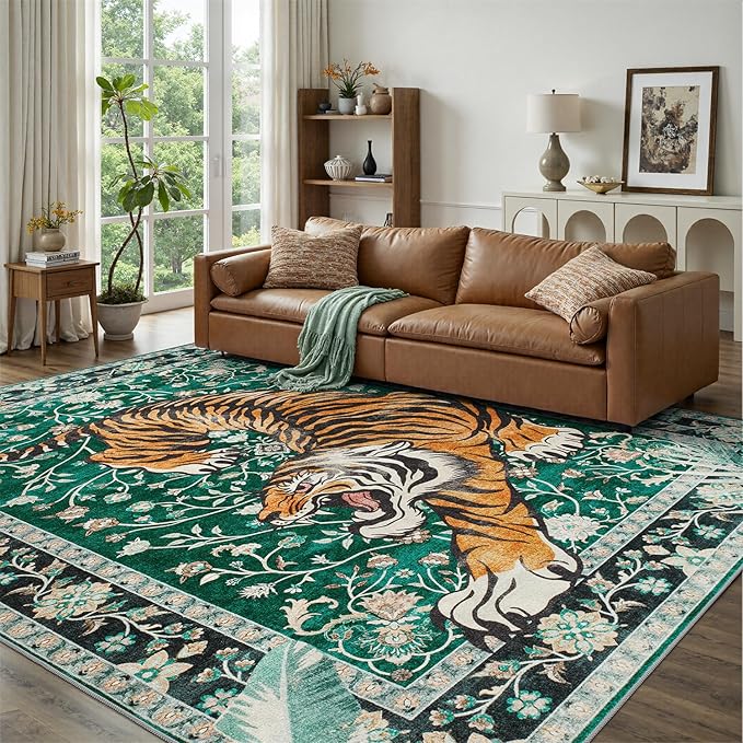 DCX Washable 8x10 Tiger Area Rug, Green Vintage Animal Rug for Living Room, Soft Low Pile Carpet, Kid & Pet Friendly with Rubber Back Non Slip, Stain Resistant Rug for Bedroom Dining Room Office