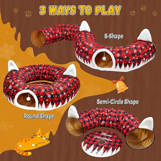 Cat Tunnel Christmas Tree Skirt, 3ft x 3ft x 9.8in Cat Tunnels for Indoor Cats, Buffalo Plaid Peekaboo Cat Tunnel Bed with Hanging Ball, Kitten Toys for Indoor Kittens Puppy Rabbit Ferret