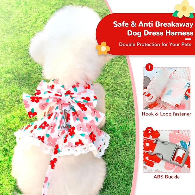 Cute Floral Dog Harness Dress and Leash Set for Small Dogs Cats Girl Puppy Bowknot Princess Birthday Dress Summer Female Pet Small Dog Clothes Lace Doggie Kitten Outfits Apparel(Red,XS)