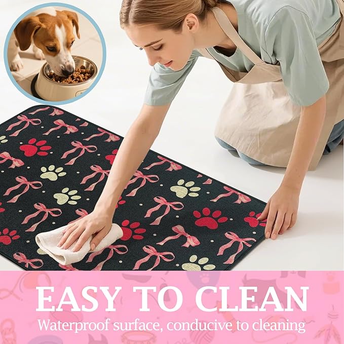 SHIYUE Dog Food Mats for Floors, Absorbent Cat Bowl for Food and Water, Non-Slip Accessories Pet Supplies(16"x24",Black Bow Footprint)