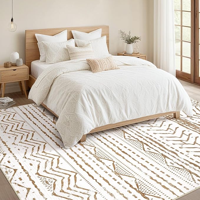 Nakagishi Area Rug Living Room Rugs: 5x7 Machine Washable Boho Large Neutral Farmhouse Stain Resistant Moroccan Indoor Carpet for Bedroom Nursery Dorm Classroom Playroom Dining Room House-Brown White