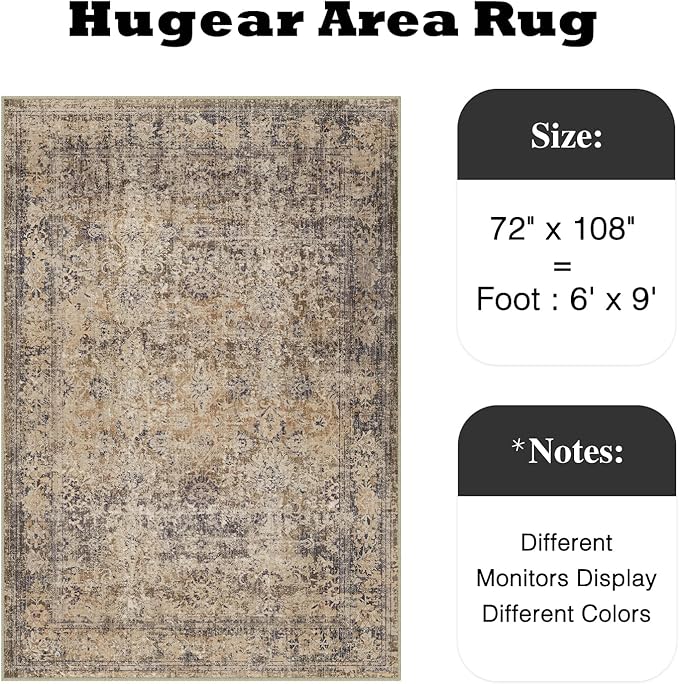 HUGEAR 6x9 Area Rug Brown Vintage Machine Washable Living Room Retro Rugs Distressed Floral Vacuumable Low Pile Carpet Bedroom Office Dining Room Laundry Room Non Slip Soft Lightweight