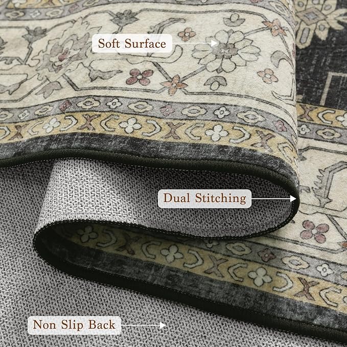 LBRO2M Distressed Black Washable Rugs 9X12 Area Rug for Living Room for Bedroom Dining Room Non Slip Farmhouse Rugs Easy Clean, Stain Resistant Carpet Great for Pets and Kids (9'X12' Charcoal Black)