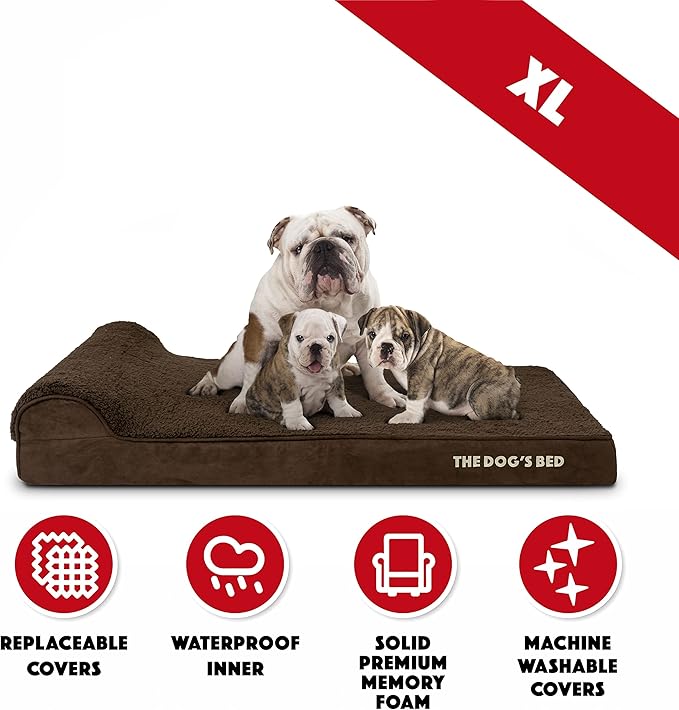 The Dog’s Bed Orthopedic Memory Foam Dog Bed with Headrest, Plush Fabric, Brown Plush, XL, 4-Inch