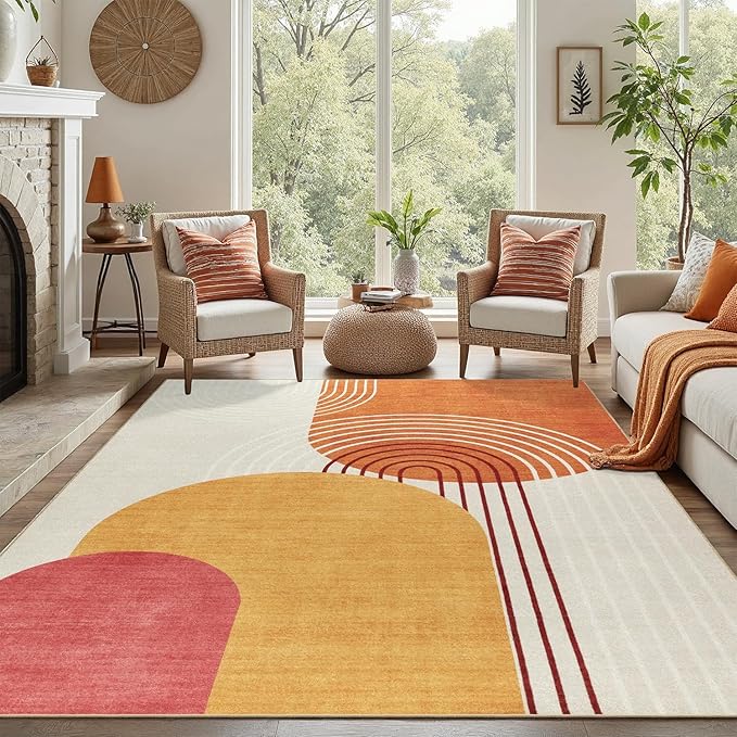 DCX Abstract Machine Washable 6x9 Rug, Mid Century Modern Rug for Living Room, Soft Low Pile Non Slip Carpet, Kid & Pet Friendly Stain Resistant Rug for Bedroom Dining Room Office, Orange & Yellow