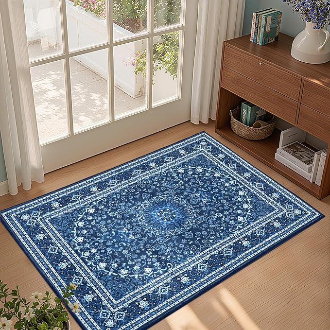Lessymo 2 x 3 Entryway Rug - Machine Washable Area Rugs Boho Faux Wool Low Pile Area Rug for Bedroom, Floral Medallion Vintage Outdoor Rugs with Non-Slip Rubber,Blue White