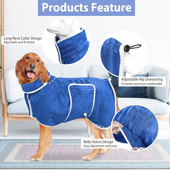 Dog Bathrobe Towel Dog Drying Coat - Super Absorbent Towels Bath Robe for Dogs Large, Soft Adjustable Collar & Belly Strap Fast Drying Coat Pet Cat Bath Robe (Medium Blue‌, Large)