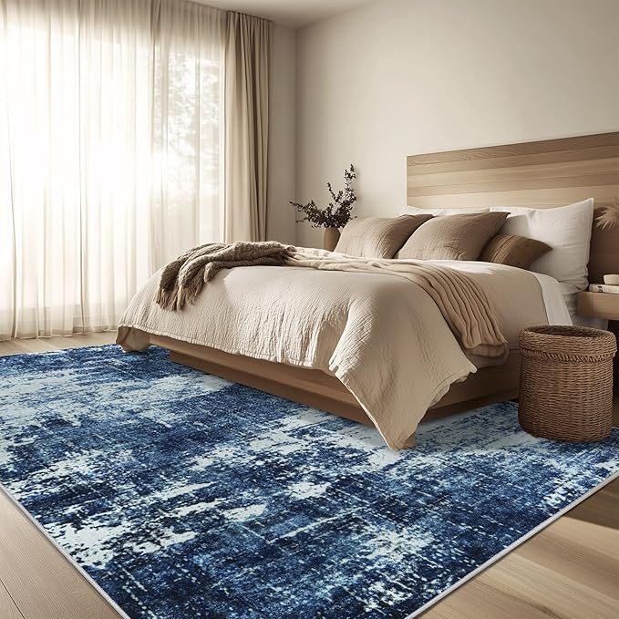 9x12 Area Rug Living Room Rugs - Washable Rug Large Modern Abstract Soft Thin Carpets Indoor Floor No Slip Vintage Carpet for Bedroom Under Dining Table Nursery Home Office Decor Deep Blue