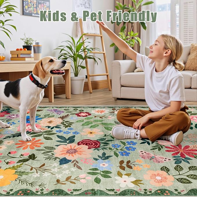 Area Rugs 9x12 Living Room: Floral Washable Rug Vintage Large Soft Boho Non-Slip Carpet Indoor Stain Resistant Low Pile Carpets for Bedroom Dining Room Farmhouse Nursery Hallway Home Office Green