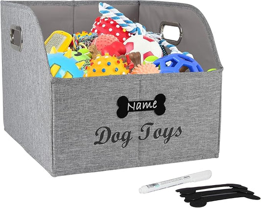 Large Collapsible Dog Toy Basket,Fabric Trapezoid Dog Toy Bin,Stable Dog Toy Storage Box with Metal Handle,for organizing Dog Puppy Toy Blanket Collar Clothes Snacks-Can be Personalized-Gray