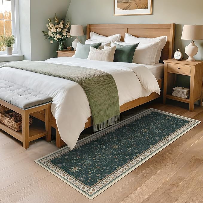 Dark Green 2x5 Kitchen Rug - Modern Vintage Boho Eclectic Floral Pastel, Washable Low Pile Non-Slip Small Runner Rugs for Entryway Door Mat Indoor Entrance, Bedroom, Hallway