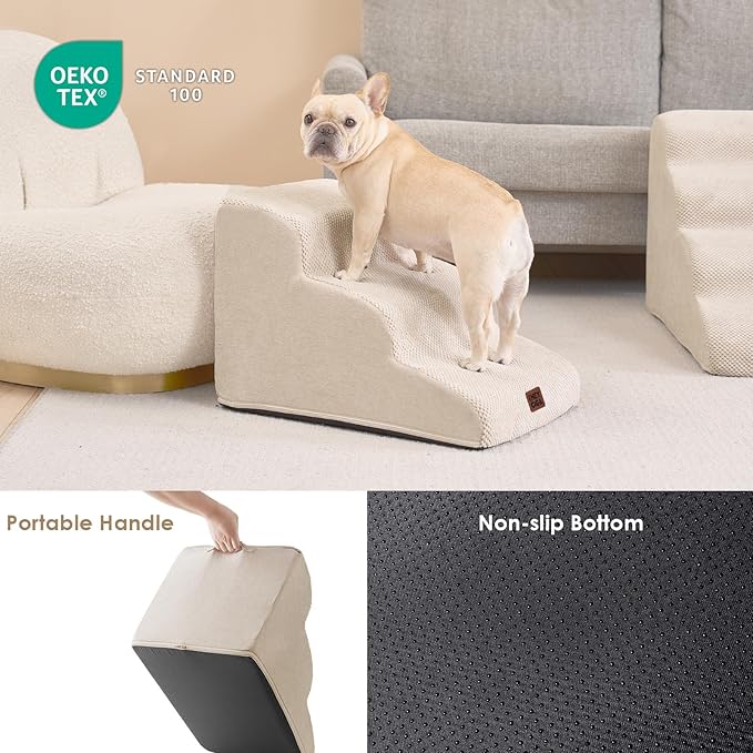 EHEYCIGA Curved Dog Stairs Ramp for Small Dogs 15.7" H, 3-Step Dog Steps for Couch Sofa and Chair, Pet Stairs for Cats, Non-Slip Balanced Pet Steps Indoor, Beige