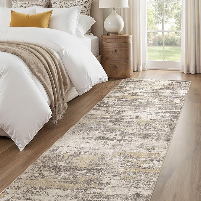 Hallway Washable Runner Rug: 3x12 Abstract Modern Soft Stain Resistant Non-Slip Backing Runner for for Entryway Kitchen Laundry - Gold Brown