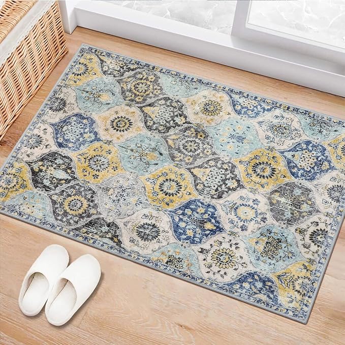 Lahome Moroccan Trellis Kitchen Rugs Non Slip Washable, 2x3 Rugs for Entryway Bathroom, Non-Slip Indoor Door Mat Ultra-Thin, Small Oriental Throw Carpet for Bedroom Entry, Yellow/Aqua