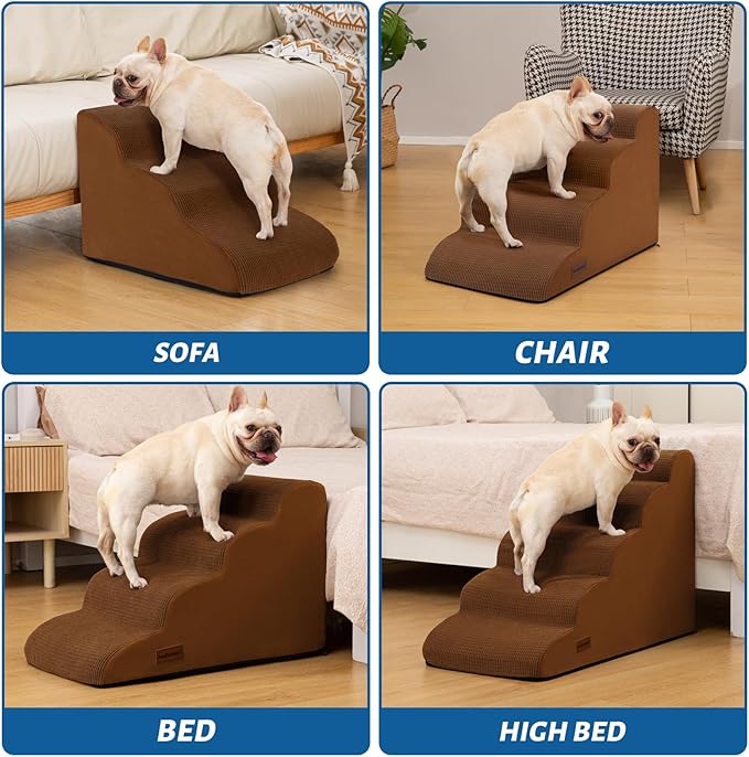 4-Step Dog Stairs and Ramp for Beds or Couches – Non-Slip Sturdy Pet Steps for Small Dogs and Cats,17.4" H,Brown