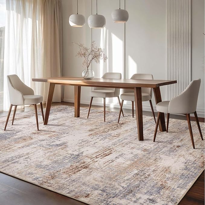 Area Rug Living Room Washable Rugs: 6x9 Modern Neutral Abstract Low Pile Non Slip Floor Carpet - Large Soft Thin Stain Resistant Rug for Bedroom Dining Indoor Office Home, Brown Grey