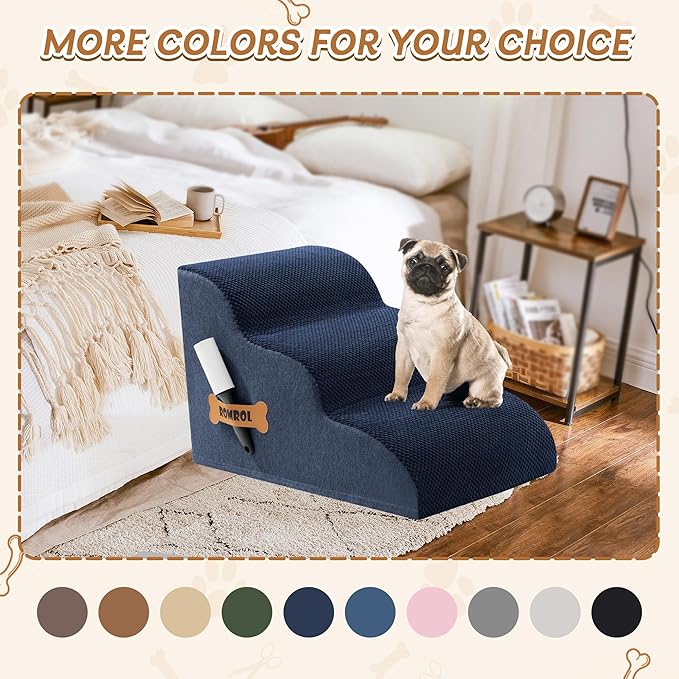 Romrol Dog Stairs Ramp for Beds Couches, Extra Wide Pet Steps with Durable Non-Slip Waterproof Fabric Cover, Dog Slope Stairs for Small Dogs and Cats or Pets Friendly, 3-Tiers, 13 Inch,Navy