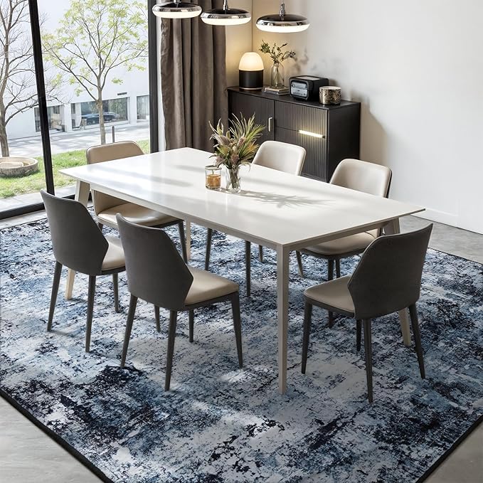 Rugflix 8x10 Area Rugs for Living Room, Washable Large Rug Stain-Resistant Low Pile, Modern Dark Carpet for Dining Room Home Office Kid Room Nursery Bedroom, Navy Blue/Black